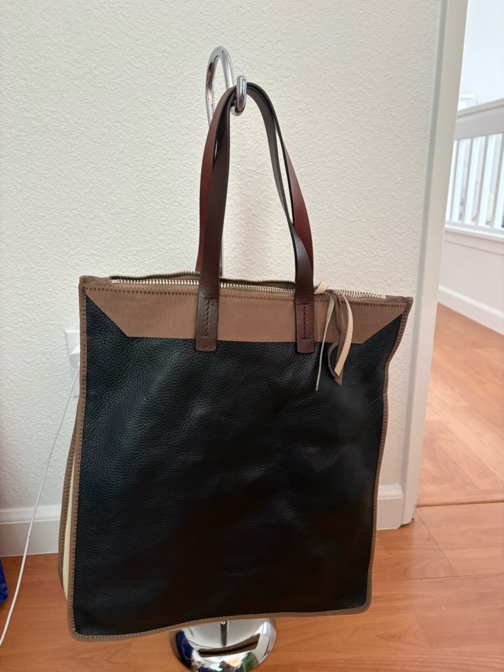 Maliparmi Taupe and Black Leather Tote with Dark Brown Handles - Picture 2 of 4